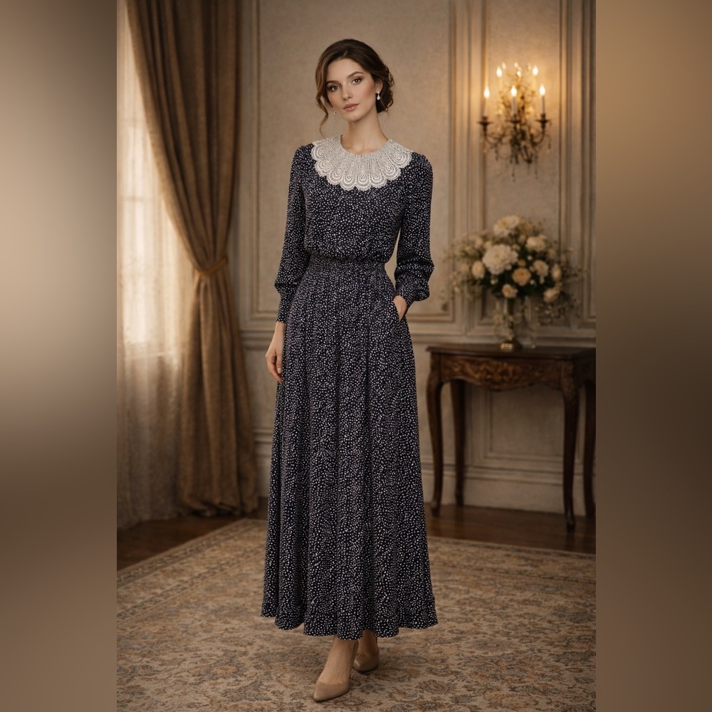 VTG Regencycore London Paris New York Polka Dots Navy Lace Collar Dress Sz 10